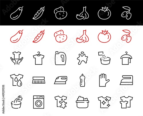 Simple set of washing related vector line Icons. Contains icons such as washing machine, powder, laundry, dirty t-shirt and much more. On a white background, editable stroke. 48x48 pixels perfect