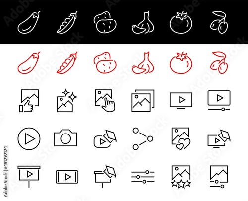 Gallery Set of Images vector line icons. Contains icons such as video, play video, edit images, Business Training, like photo. Editable stroke. Vector illustration