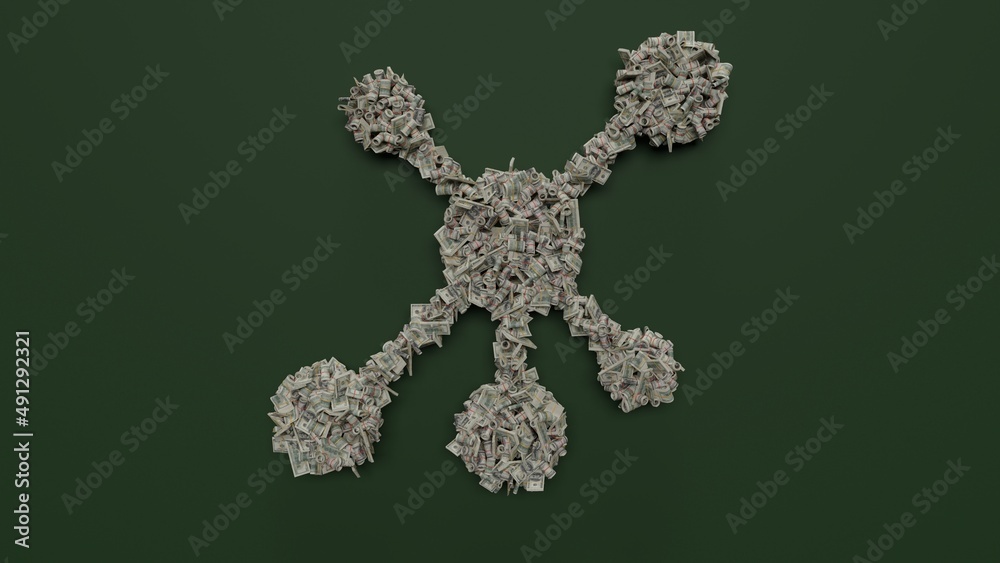 3d rendering of dollar cash rolls and stacks in shape of symbol of network on green background