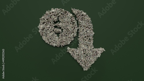 3d rendering of dollar cash rolls and stacks in shape of symbol of devaluation on green background photo