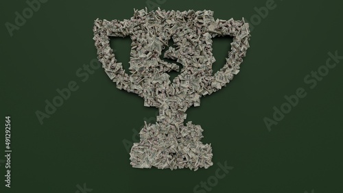 3d rendering of dollar cash rolls and stacks in shape of symbol of cup award on green background