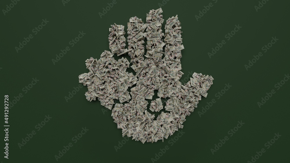 3d rendering of dollar cash rolls and stacks in shape of symbol of coronavirus on green background 3d rendering of dollar cash rolls and stacks in shape of symbol of coronavirus on green background