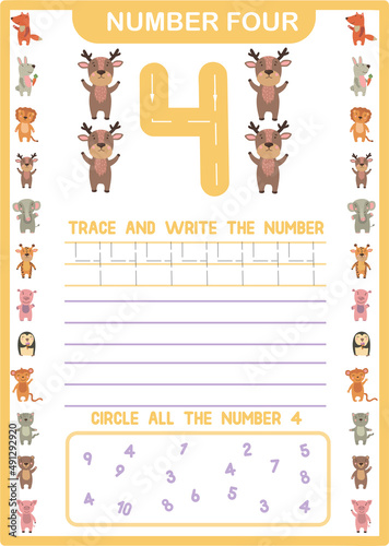 Printable preschool handwriting number 4 worksheet - Digital download - tracing and spelling numbers - instant download