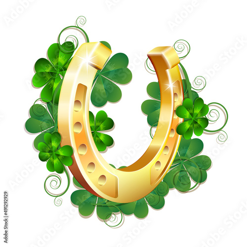Golden horseshoe, lucky St. Patricks day symbol. Good luck sign