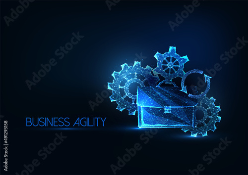 Futuristic Business agility concept with glowing briefcase, gears, cogs, reload signs on dark blue