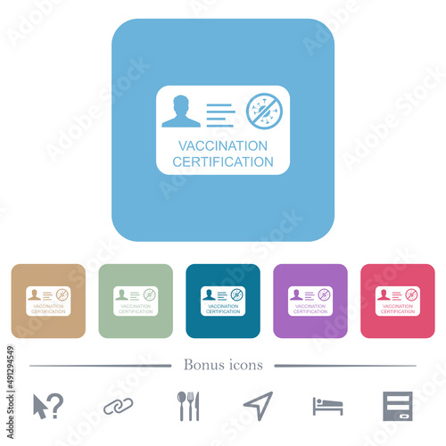 Vaccination certification flat icons on color rounded square backgrounds