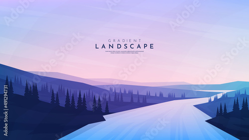 Vector illustration. Minimalist polygonal design. Nature landscape background. Panoramic view. Design element for web banner, website template. Cartoon flat style. Forest trees by water. Evening scene