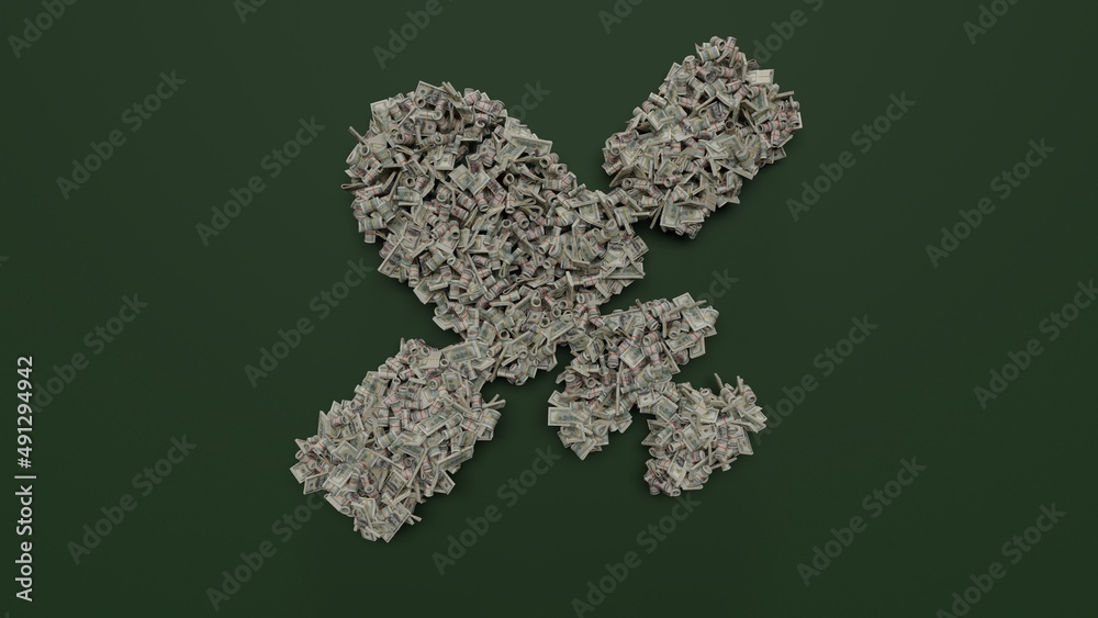 3d rendering of dollar cash rolls and stacks in shape of symbol of modern satellite on green background 3d rendering of dollar cash rolls and stacks in shape of symbol of modern satellite on green background