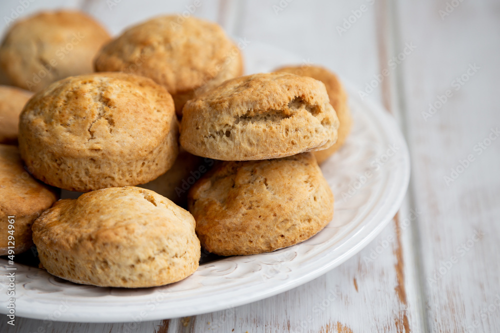 Homemade traditional british scones freshly baked on a stack