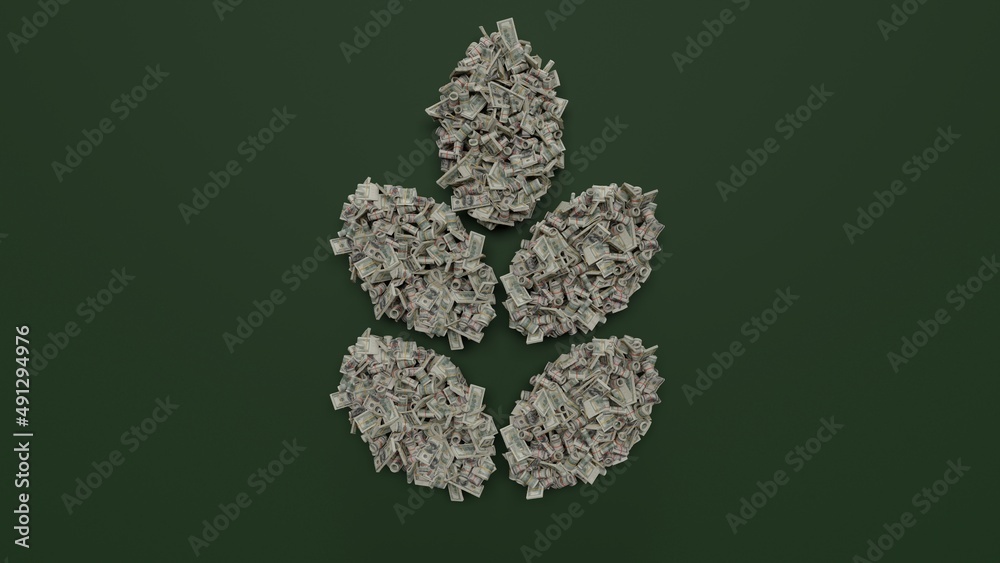 3d rendering of dollar cash rolls and stacks in shape of symbol of gluten on green background 3d rendering of dollar cash rolls and stacks in shape of symbol of gluten on green background