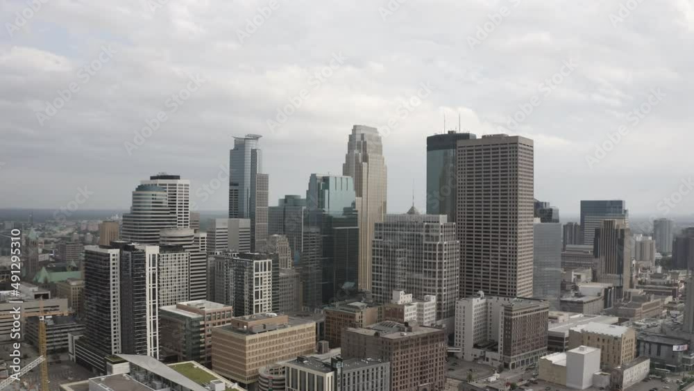 Flying aerial drone view of the city of Minneapolis Flying aerial drone view of the city of Minneapolis