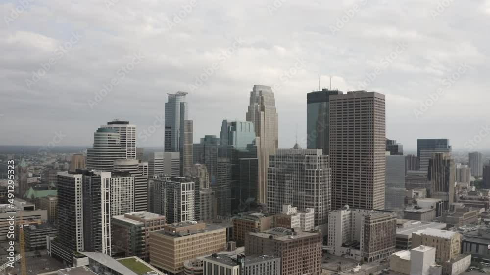 Flying aerial drone view of downtown Minneapolis Minnesota Flying aerial drone view of downtown Minneapolis Minnesota