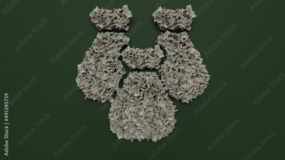 3d rendering of dollar cash rolls and stacks in shape of symbol of money bag on green background 3d rendering of dollar cash rolls and stacks in shape of symbol of money bag on green background