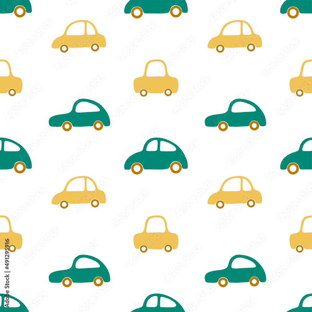 Vector seamless children pattern with passenger cars in green and yellow colors on a white background. Cute cartoon illustration for print, fabric, textile, background, wallpaper. Vector seamless children pattern with passenger cars in green and yellow colors on a white background. Cute cartoon illustration for print, fabric, textile, background, wallpaper.