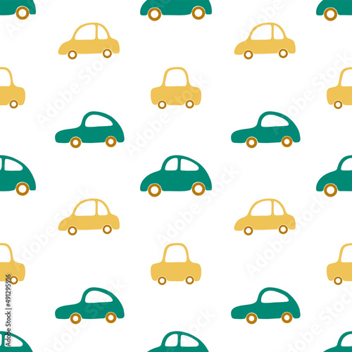 Vector seamless children pattern with passenger cars in green and yellow colors on a white background. Cute cartoon illustration for print  fabric  textile  background  wallpaper.