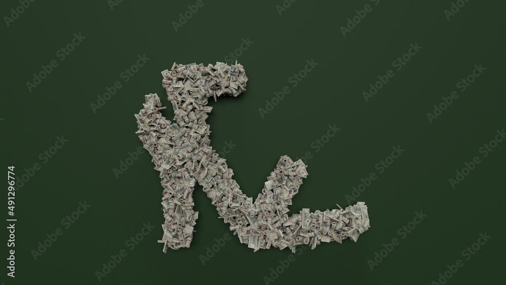 3d rendering of dollar cash rolls and stacks in shape of symbol of high heel sandals on green background 3d rendering of dollar cash rolls and stacks in shape of symbol of high heel sandals on green background