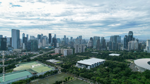 Aerial view of the Beautiful scenery of Senayan Stadium. with Jakarta cityscape background. Jakarta  Indonesia  March 8  2022