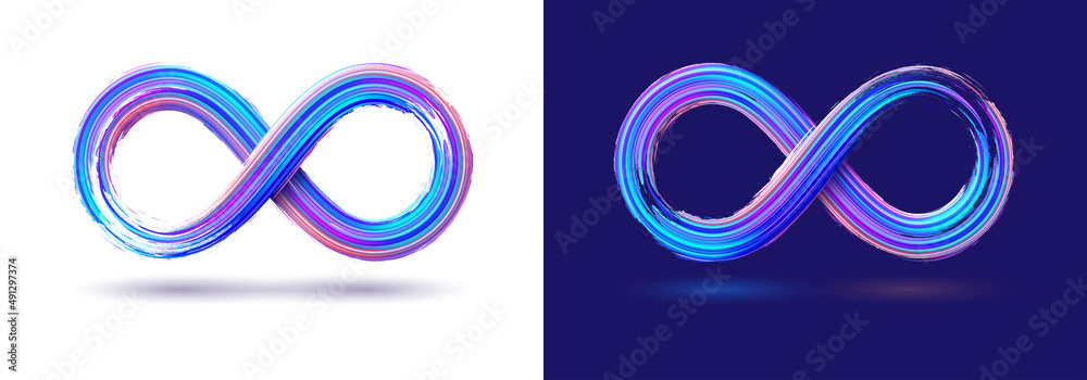 Isolated infinity symbol vector template on white and blue background. Realistic brush stroke effect. Illustration with number eight in bright neon paint for logo, branding. - obrazy, fototapety, plakaty 