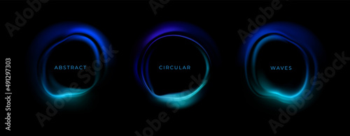 Abstract circular waves on black isolated background. Blue neon backdrop in form of dynamic luminous circle. Music concept, equalizer. Vector illustration with round frame.