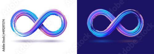 Isolated infinity symbol vector template on white and blue background. Realistic brush stroke effect. Illustration with number eight in bright neon paint for logo, branding.