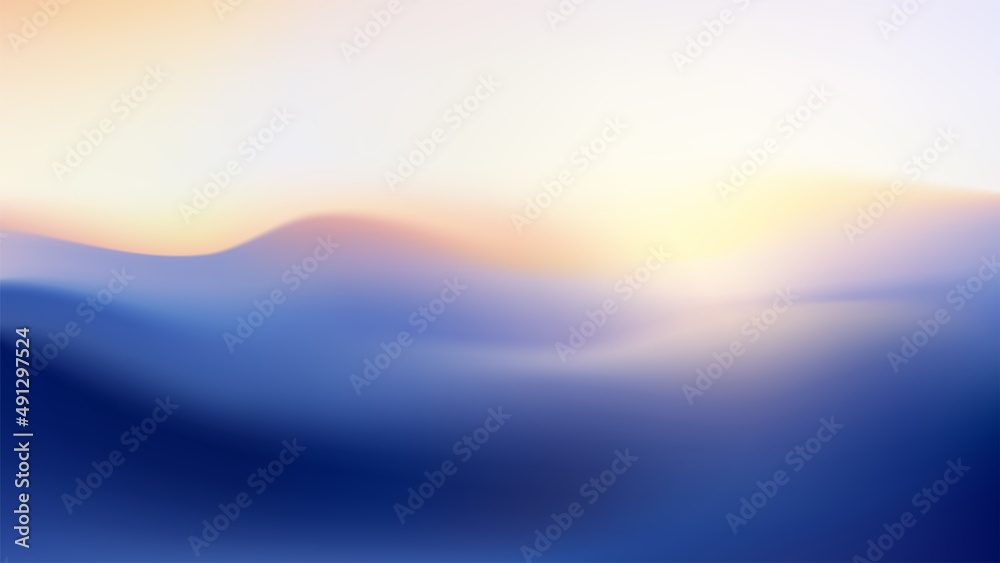 Gradient mountain landscape with sunrise. Vector wavy background. Blurry volumetric silhouettes of hills at sunset. Colorful abstract wallpaper.