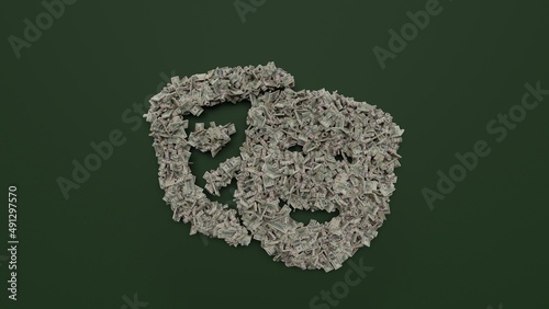 Φωτογραφία 3d rendering of dollar cash rolls and stacks in shape of symbol of theater masks
