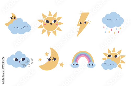 Cute weather icons set isolated on white background. Forecast meteorology symbols. Childish vector illustration.