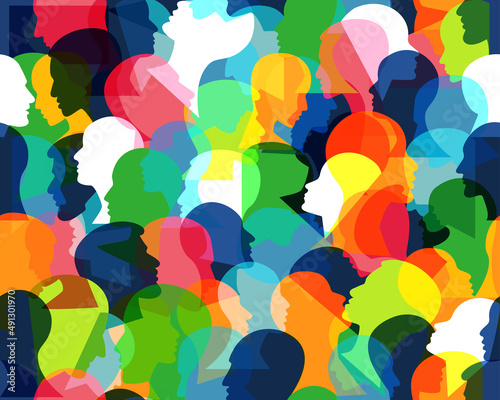 People profile heads. Seamless pattern of a crowd of many different people profile heads. Vector background.
