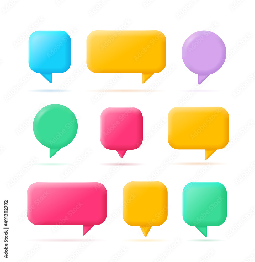 3d Different Speech Bubble Empty Template Mockup Set Cartoon Style. Vector