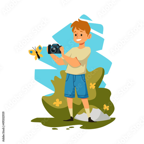 Child photographer taking pictures of nature flat vector illustration isolated.