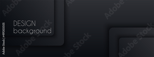 Black abstract vector long banner. Minimal dark gradient background with 3D shapes and copy space for text. Facebook cover