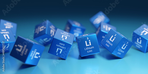 Lithium (Li) is soft metal and conducts electricity and heat. Used in science and research, nuclear technology, industry, battery and chemistry. Promotional education periodic element 3D render.