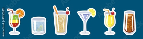 Vector collection of drinks stickers. Cocktail and drink menu illustrations for bar card, price list