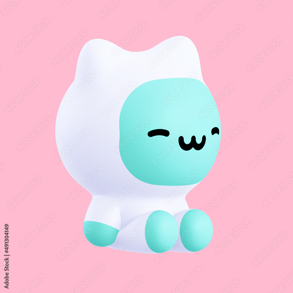 Funny little kawaii character. Cartoon kitty 3d render illustration on pink backdrop Funny little kawaii character. Cartoon kitty 3d render illustration on pink backdrop