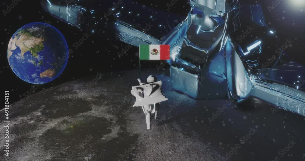 Astronaut pilot woman in science fiction mission on the moon holds the flag of Mexico in her hand while the planet earth is displayed in the background of the scene next to the spaceship Astronaut pilot woman in science fiction mission on the moon holds the flag of Mexico in her hand while the planet earth is displayed in the background of the scene next to the spaceship