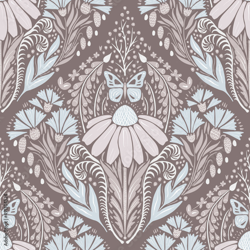 Vector neutral botanical seampless pattern echinacea cornflower , bluebottle, buterfly in diamond shape