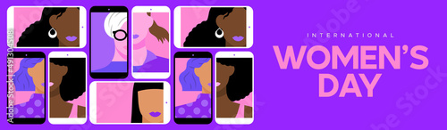International Women's Day web banner illustration of diverse women team on mobile phone video chat screen or social media connection. March 8 female rights event design.