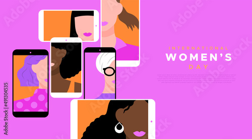International Women's Day greeting card illustration of diverse women team on mobile phone video chat screen or social media connection. March 8 female rights event design.