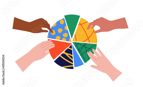 Diverse hands together making circle chart symbol. Gender equality concept. Modern flat cartoon friend teamwork.