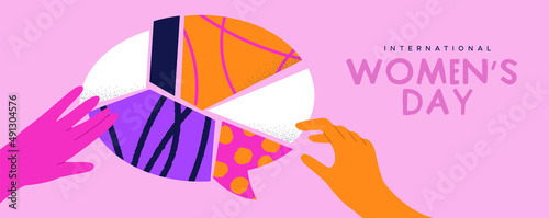 International Women's Day greeting card illustration of diverse woman hands together making chat bubble symbol. Gender equality concept. Modern flat cartoon friend 