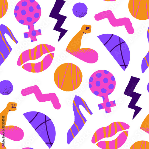 Colorful women's day seamless pattern cartoon illustration background. Modern hand drawn doodle decoration of strong female concepts.