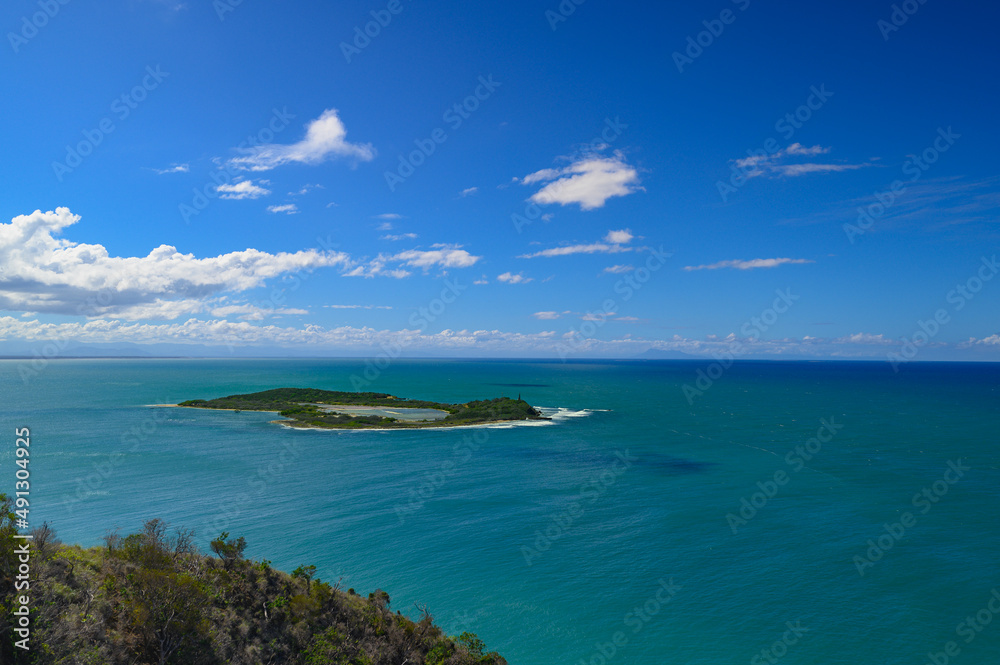 An island in the ocean with a salt factory in the Dominican Republic