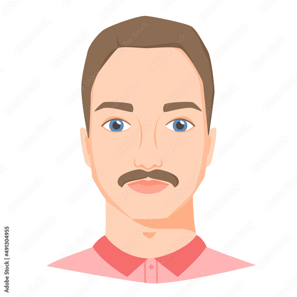 Young white man face with moustache. Male portrait or avatar in flat style. Front view. Vector