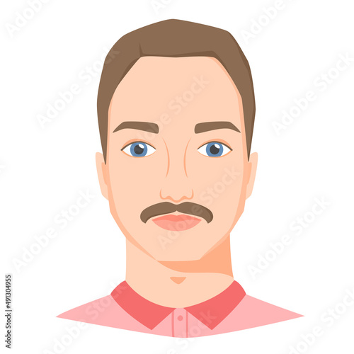 Young white man face with moustache. Male portrait or avatar in flat style. Front view. Vector