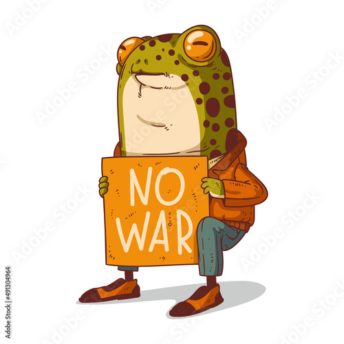 A Frog against War, isolated vector illustration. Anthropomorphic frog, holding NO WAR banner. An animal character with the human body. Antiwar placard. Pacifist demonstration. Peaceful protest