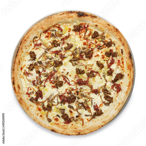 Appetizing pizza on a wooden board isolated on a gray background. Top view.