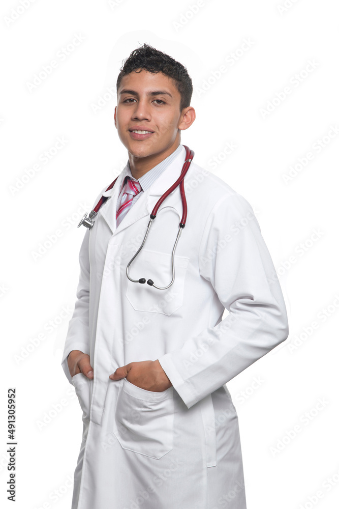 Young Latino Doctor with white coat and white stethoscope Young Latino Doctor with white coat and white stethoscope