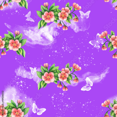 Spring flowers and butterflies seamless pattern. Handmade watercolors for paper  fabric  ceramics. Apple blossom on a delicate purple background. White clouds  spots  blots  butterflies.