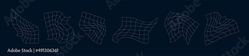 A set of distorted square grids. Abstract mesh surface graphic element. Vector collection of modern poster or cover decor.