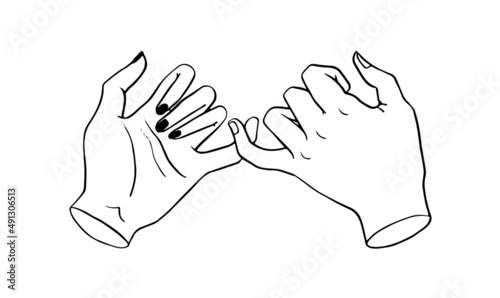 Pinky promise. Hand drawn hands isolated. Outline vector illustration of people's hands swearing on a white background.